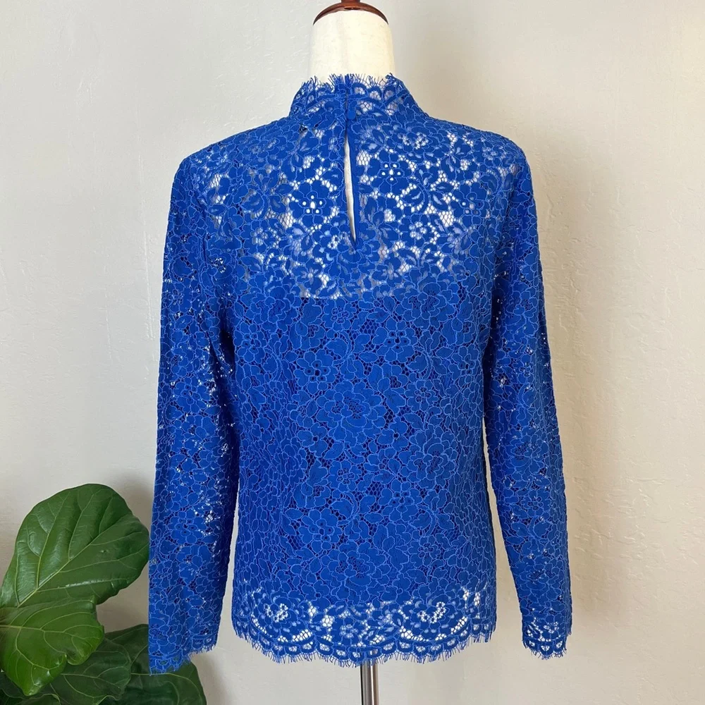 •J.CREW• Regal Blue Scalloped Lace Long Sleeve‎ Mockneck Top Blouse Size 6